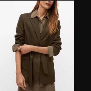 MANGO Women Dark Olive Structured Bow Blazer Size M NWT 149$
